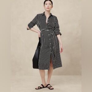 Banana Republic Black Stripe TIE-WAIST MIDI SHIRTDRESS